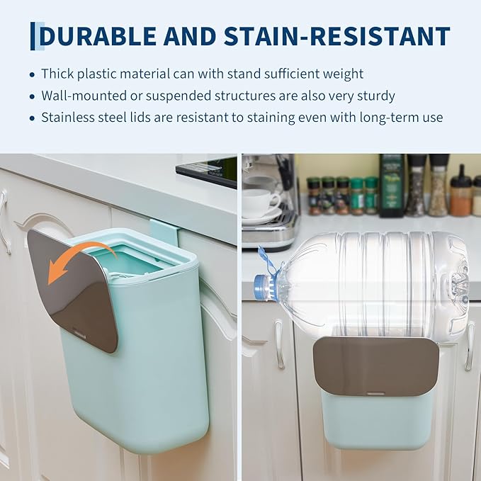 PrecisionAuto 2.4 Gallon/9L Hanging Trash Can with Stainless Steel Lid, Mountable Under Sink Compost Bin for Kitchen Cabinet Door, Food Waste Bin for RV, Bathroom, Office - Green