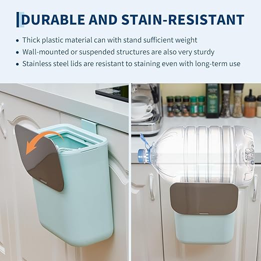 2.4 Gallon/9L Hanging Trash Can with Stainless Steel Lid, Mountable Compost Bin for Kitchen Cabinet Door, Under Sink Food Waste Container for RV, Bathroom, Office