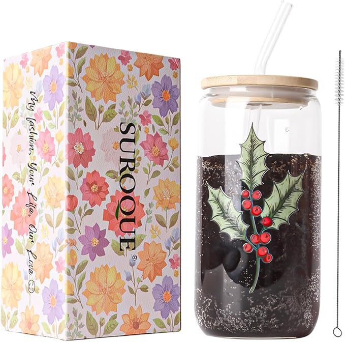 SUROQUE Birth Month Flower Iced Coffee Glass Cup 16oz Custom Tumbler Birthday Gifts Personalized Gifts for Women, Teachers, Bridesmaids, Birthdays, Mom, Valentines