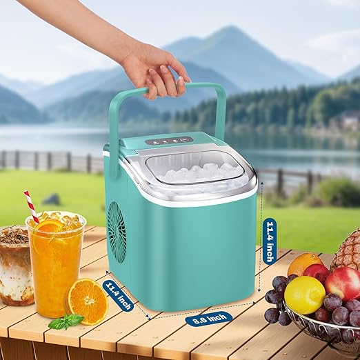 Ice Makers Countertop, Portable Ice Maker Machine with Carry Handle, 26Lbs/24H, Ice Machine Self-Cleaning with Basket and Scoop for Home Kitchen Party,Green