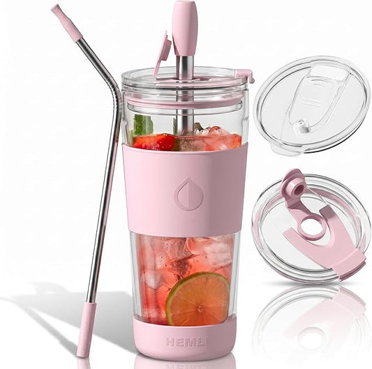 19 oz. Double Wall Glass Coffee Tumbler, To Go Travel Mug with Lid, Portable Glass Thermos with Straw, Reusable Cup, Tea, Smoothies, Ice Coffee, and Boba