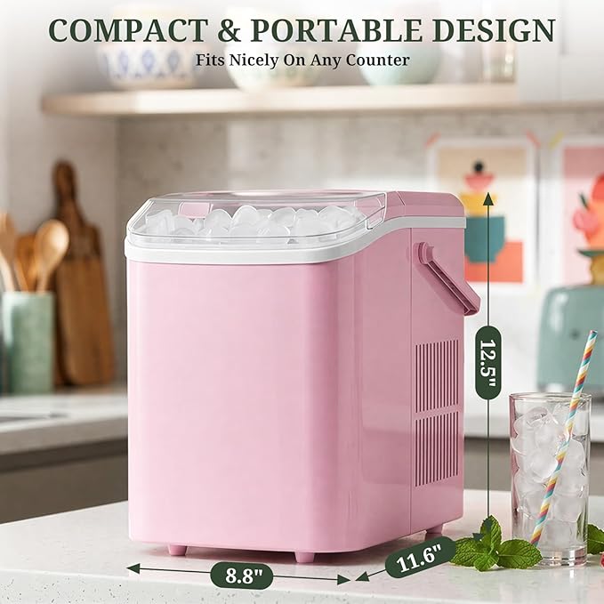 Ice Maker, Portable Ice Makers Countertop with Handle, Basket & Scoop, 26Lbs/24Hrs, 9 Bullet Ice Cubes in 6 Mins, 2 Ice Sizes, Self-Cleaning, Quiet Compact Ice Machine for Home Kitchen Party, Pink