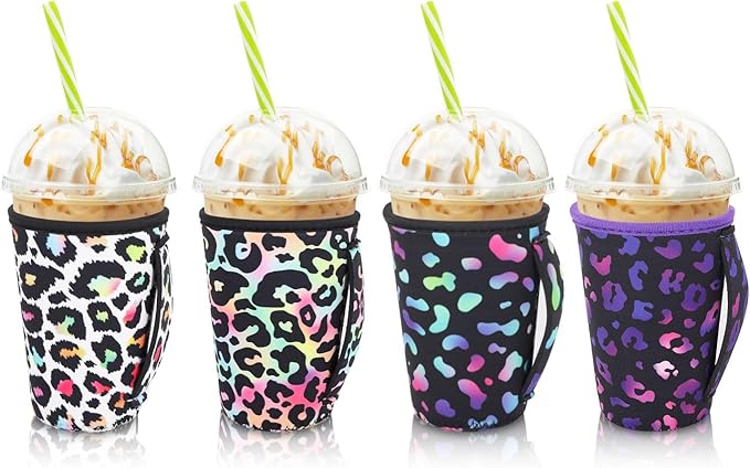 4Pack Reusable Iced Coffee Sleeve Insulator Sleeves for Cold Drinks Beverages, Neoprene Cup Holder for Most Coffee, Fits 22-24oz Medium Cups (Rainbow Leopard)