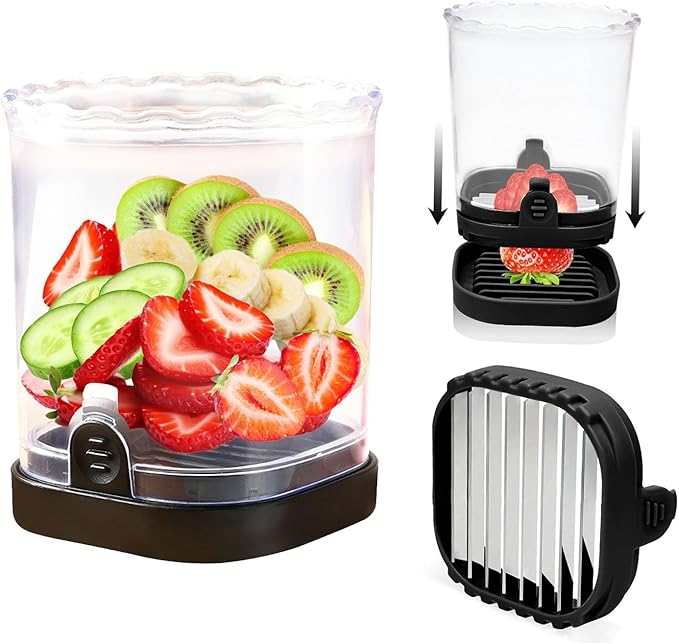 Fruit Cutter and Chopper – Cup Slicer for Strawberry, Grape, Banana, Mushroom, Kitchen Gadget for Fruits and Vegetables, Compact Slicing Tool (Black)