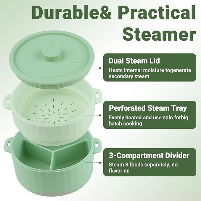 Silicone Microwave Steamer - Microwave Pot Steamer Basket Bowl for Baby Food, Vegetables & Dumplings, Compact & Lightweight Design, Oven & Dishwasher Safe (Green, Double-Layer)