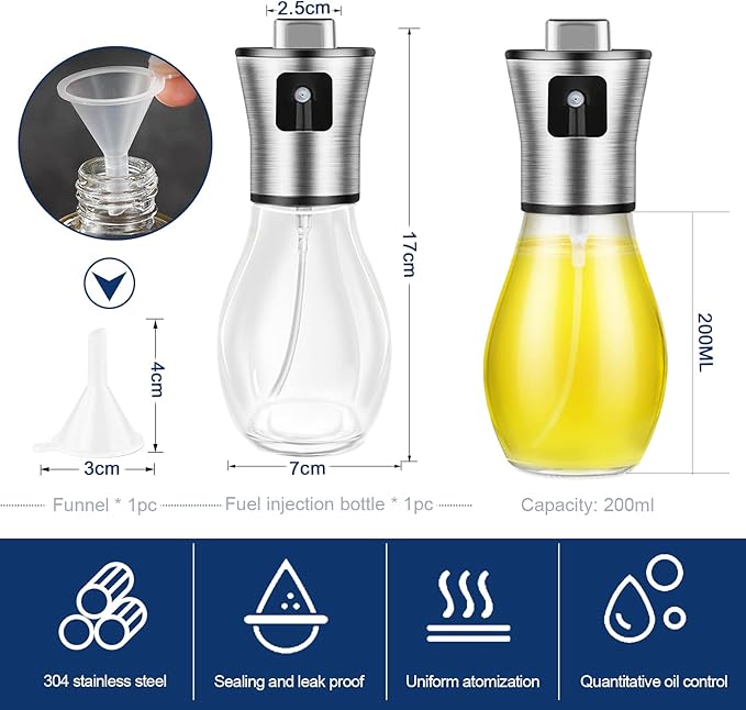 Oil Sprayer for Cooking,Olive Oil Fine Mist Sprayer - 200ML Mister Bottle for Cooking, Baking, and Air Fryer - Avocado and Canola Oil Dispenser - Kitchen Gadget Essentials