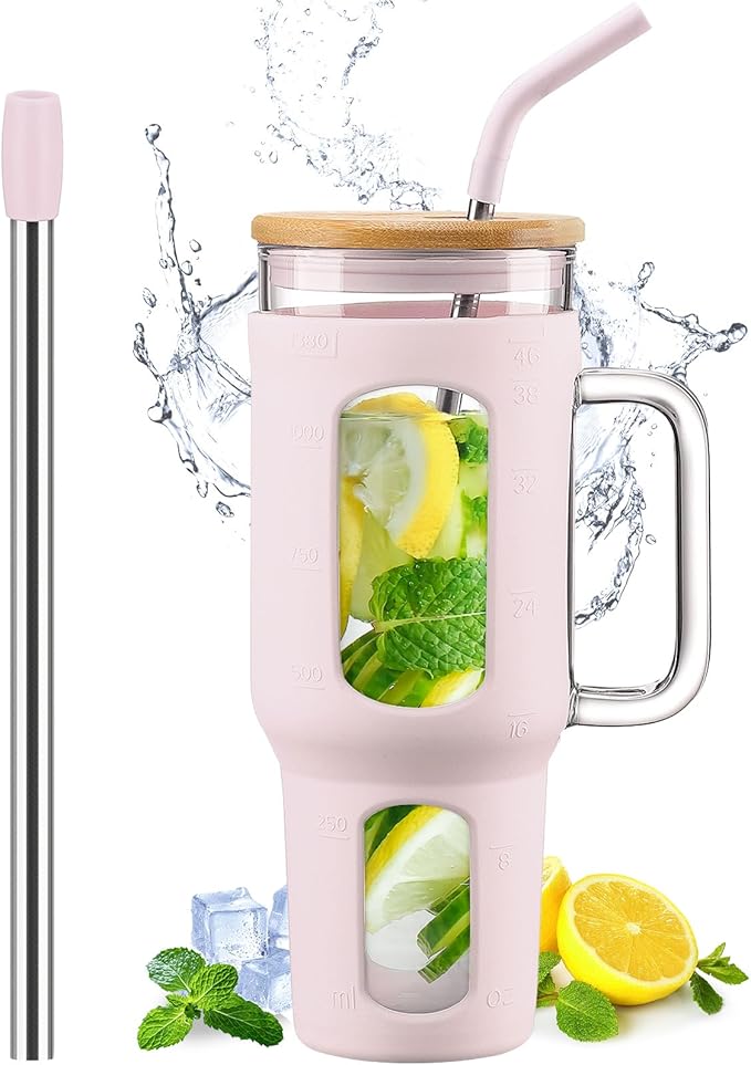 WINSA Glass Tumbler with Lid and Straw, 46 oz Iced Coffee Cup with Handle, Large Water Bottles with Silicone Sleeve, Glass Cup with Straws - Pearl Straw & Drinking Straw BPA Free-CottonPink