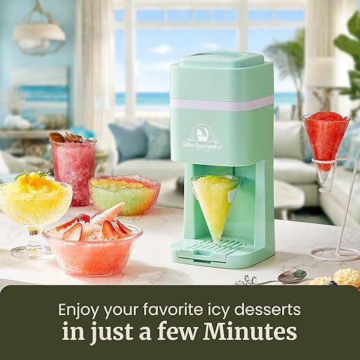 Elite Gourmet Snow Cone & Shaved Ice Maker, ESI2215M, Refreshing Slushies, Margaritas, Boba Drinks, Snow Cone & Holder and Ice Mold, Use Cubed & Bagged Ice, Stainless Steel Shaving Blade, Mint