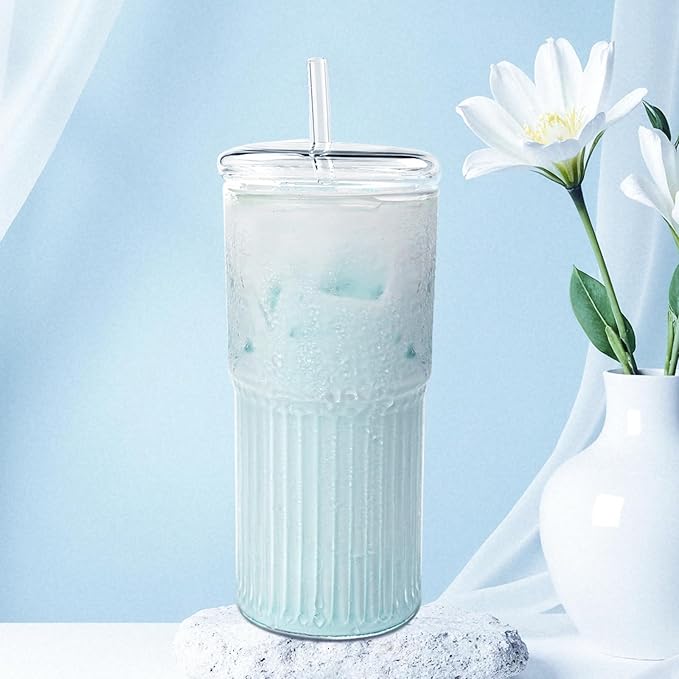 Luiaiog Glass Cups with Lids and Glass Straws, High Borosilicate 20OZ Tumblers for Coffee, Tea, Juice, Smoothies, Hot/Cold Drinks at Home, Office