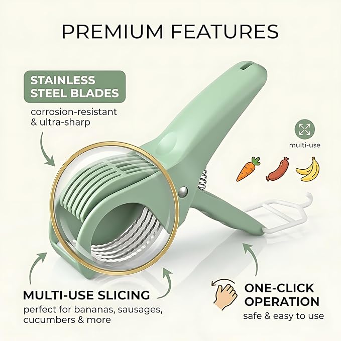 Banana Slicer,Strawberry Slicer,Grape Cutter,Multi-Functional Fruit Slicer,Cucumber Slicer,All-In-One Kitchen Gadget For Fruits & Vegetables Banana Sausages,Cucumbers,Strawberries,Grape(Green)