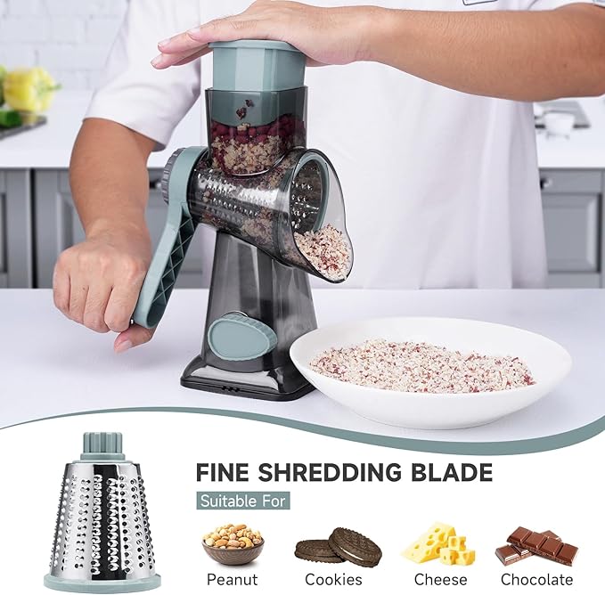 Cheese Grater Hand Crank, Manual Cheese Shredder with 3 Interchangeable Blades, Rotary Cheese Grater with Strong Suction Base, Easy to Use and Clean, GreyBlue