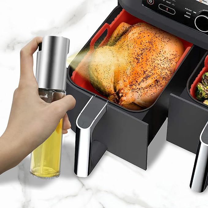 Daily Treasures 2 Pack Foldable Air Fryer Liners for Air Fryer Dual with 1Pack Oil Sprayer Dispenser, Air Fryer Accessories Reusable Air Fryer Silicone Liner for Dual Air Fryer(Red)