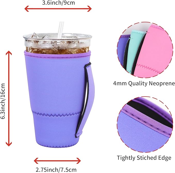 4Pack Reusable Iced Coffee Sleeve Insulator Sleeves for Cold Drinks Beverages, Neoprene Cup Holder for Most Coffee, Fits 30-32oz Large Cups (Solid Color with Handle)
