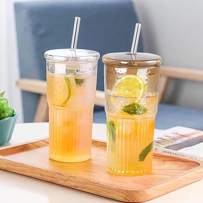 JunVpic Glass Cups with Lids and Straws, Amber 20 OZ Iced Water Glasses Tumblers for Ice Juice, Tea, Milk, Smoothie and Cold or Hot Drinks, Set of 2