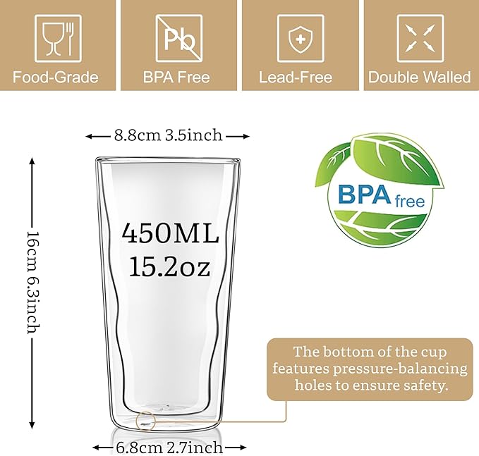 Joeyan Double Wall Glass Tumbler, 15.2oz Wave Insulated Highball Glasses, Clear Borosilicate Tall Glass Coffee Drinking Cups for Iced Coffee, Latte, Cocktails, Tea, Smoothie, Mixed Drinks, Set of 2