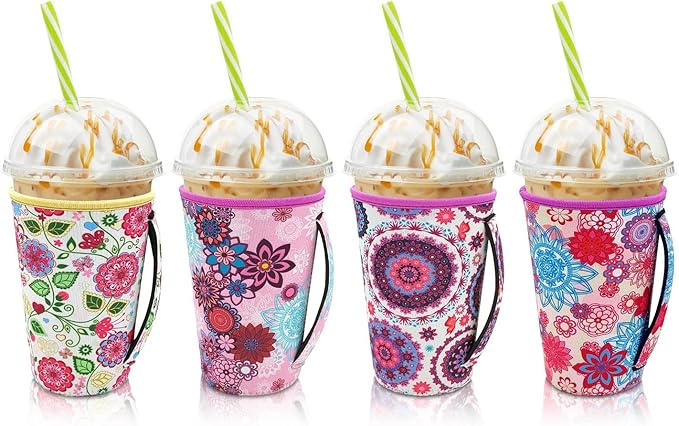 4Pack Reusable Iced Coffee Sleeve Insulator Sleeves for Cold Drinks Beverages, Neoprene Cup Holder for Most Coffee, Fits 22-24oz Medium Cups (Mandala Flower with handle)