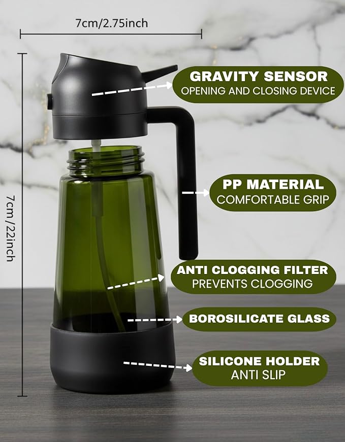 Oil Dipenser Bottle with Silicone Bottom And Silicone Brush, 2 in 1 Olive Oil Sprayer and Dispenser, Oil Spray Bottle 470ML/ 17OZ for Cooking, Kitchen, BBQ, Air Fryer, Salad, Baking