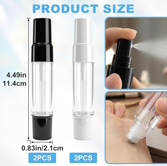 4 Pack 0.34 Oz (10ml) Essential Oil Spray Roller Bottles, 2 in 1 Refillable Empty Roll on Bottle with Stainless Roller Balls, Dispenser Spray Bottles for Perfume Oil Travel - White, Black