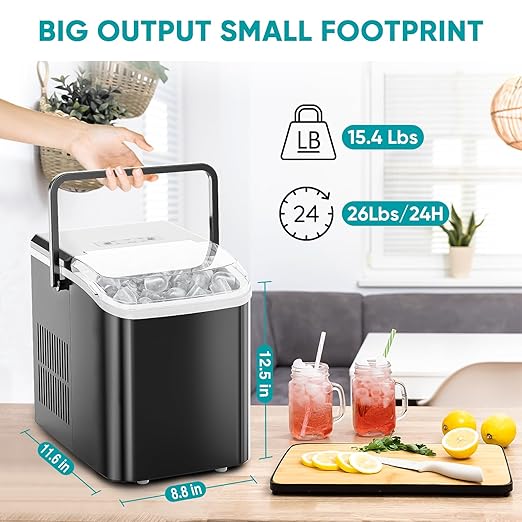 NEWBULIG Ice Makers Countertop with Handle, Portable Ice Machine, 9 Bullet Ice Cubes in 6 Mins, 26lbs in 24Hrs, Auto-Cleaning, with Basket and Scoop, for Home, Kitchen, RV, Camping,Black