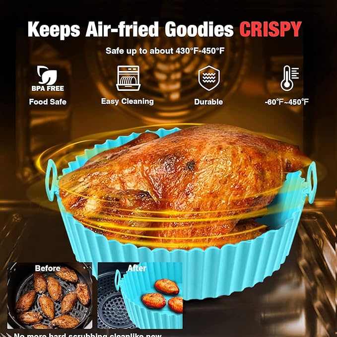 2 Pack Air Fryer Silicone Liners Pot for 3 to 5 QT, BPA-Free, Food Grade Airfryer Basket Bowl, Replacement of Flammable Parchment Paper, Reusable Baking Tray Oven Accessories(Top 8in, Bottom 6.75in)…