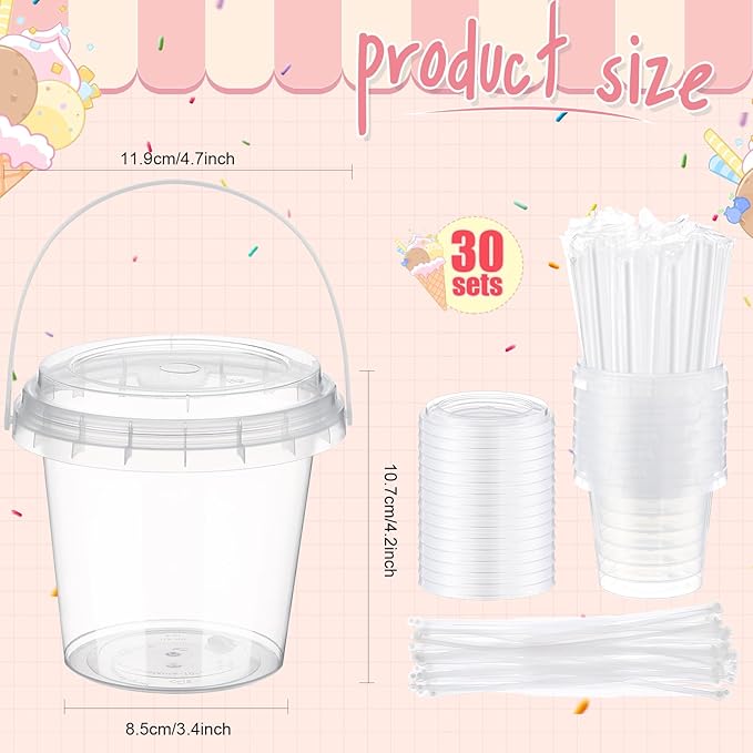 Funnymoom 30 Set Drink Buckets with Lids & Straws 24 oz Clear Plastic Disposable Ice Cream Cups Rum Cocktail Pails Bulk with Handles & Stickers for Summer Holiday Outdoor Beach Pool Party Supplies