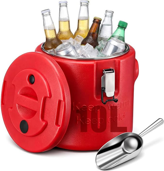 meekoo 10L Large Insulated Ice Bucket with Lid and Scoop Double Wall Stainless Steel Insulated Ice Buckets for Party Cooler for Wine Champagne Beer Cocktails Outdoor Beach Poolside Chilling Use
