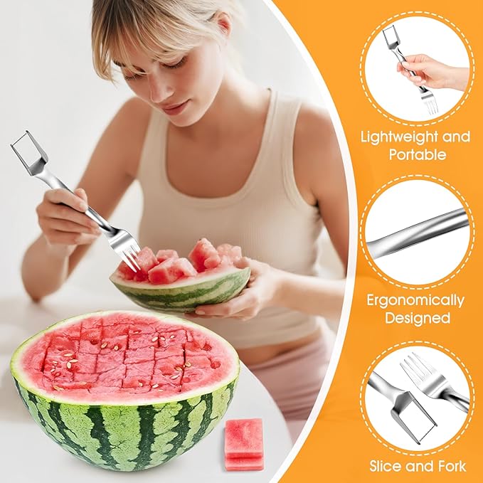 2 PCS Stainless Steel Watermelon Slicer and Fork - 2-in-1 Portable Kitchen Tool for Home Camping and Parties