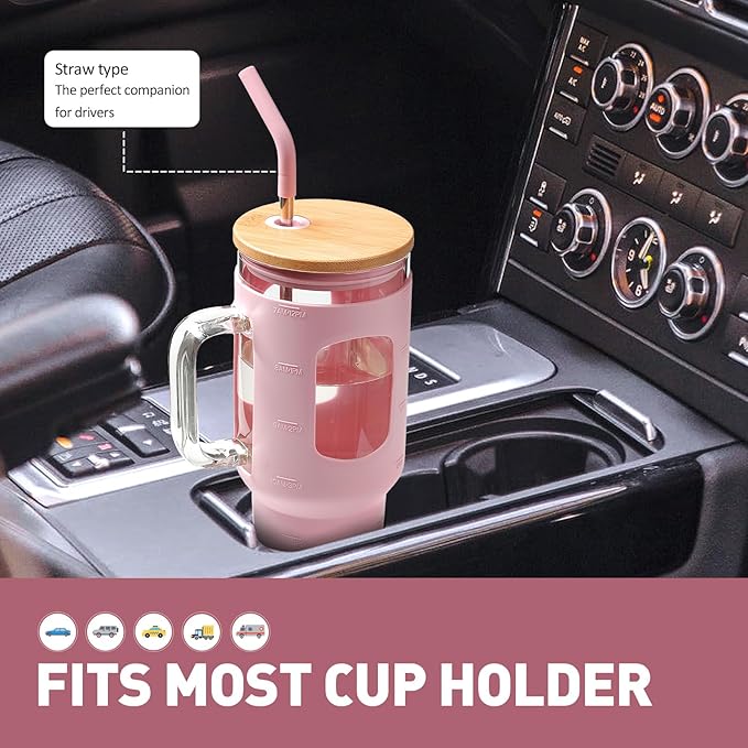 WINSA Glass Tumbler with Straw and Lid, 40 oz glass cup with handle, Glass Water Bottles with Time Marker, Silicone Protective Sleeve-Pink