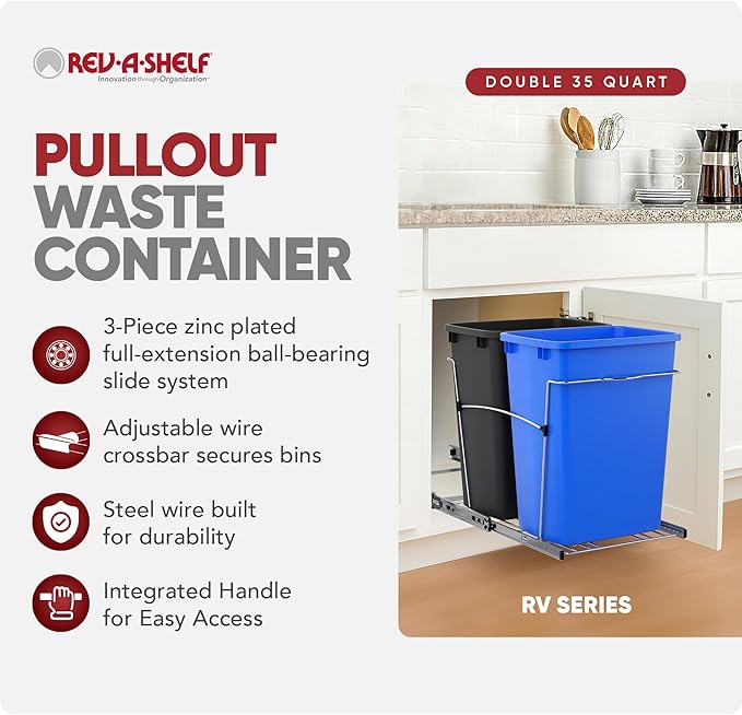 Rev-A-Shelf RV-18KD-2218C-S Double Pullout Trash Cans for Kitchen Cabinets 35 Quart Garbage Recycling Bin on Full Slides, Blue/Black