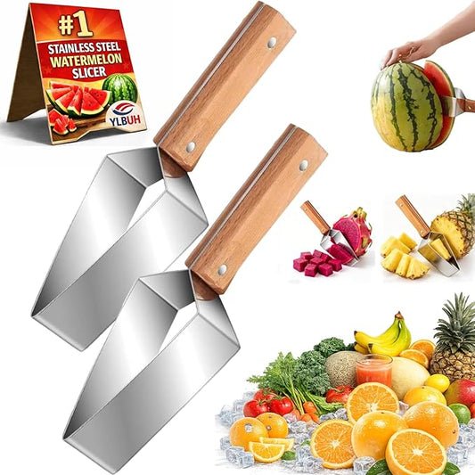 Stainless Steel Watermelon Cutter, Triangle Fruit Slicer with Wooden Handle, Melon Divider Tool for Watermelon, Cantaloupe and Honeydew, Kitchen Gadget for Picnic and BBQ (2PC)