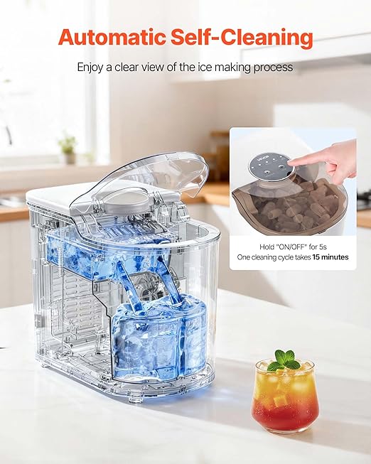 VEVOR Countertop Ice Maker, 7 Cubes Ready in 6 Mins, 26 lbs per Day, Self-Cleaning Portable Machine with Ice Scoop, Ice-Making Machine with 2 Sizes Bullet ICES for Home, Kitchen, Office, Bar & Party