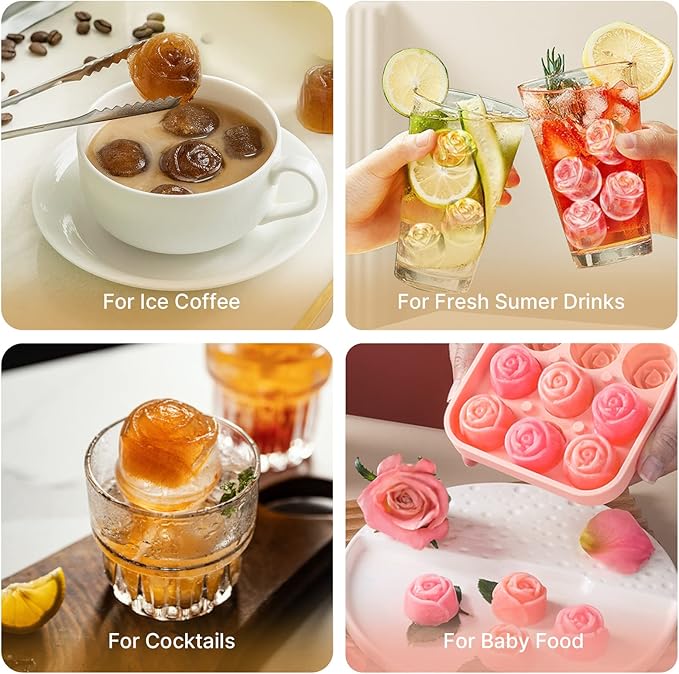 MEETRUE Rose Ice Cube Tray, Rose Shaped Silicone Ice Mold Making 9 x 1.2'' Ice Cubes for the Freezer, Novelty Drink Tray for Chilled Cocktails Juice Drink