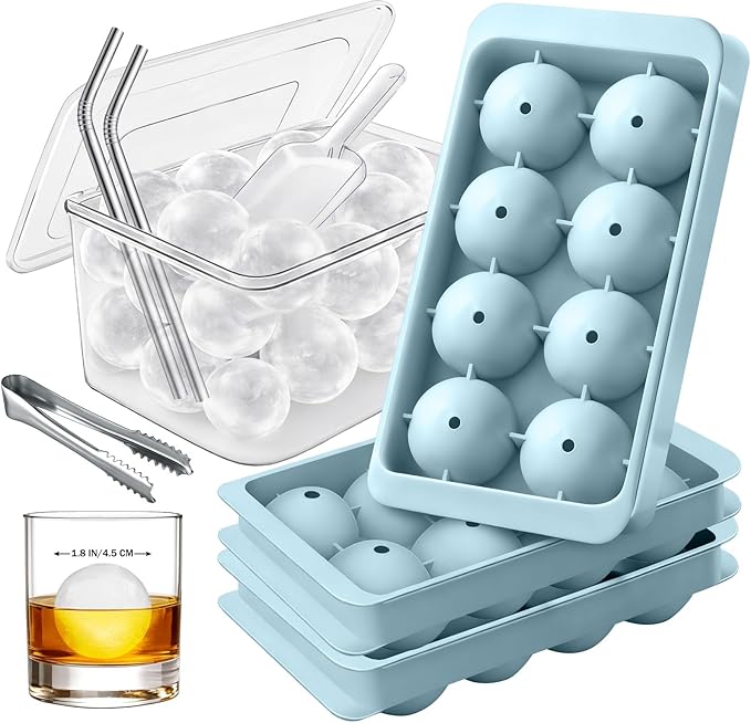 1.8in Large Ice Cube Molds - Big Round Whiskey Ice Trays for Freezer with Bucket, Scoop, Tongs, 2 Straws - Easy to Fill & Release, Bourbon Cocktail (3 pack, 8 Balls)