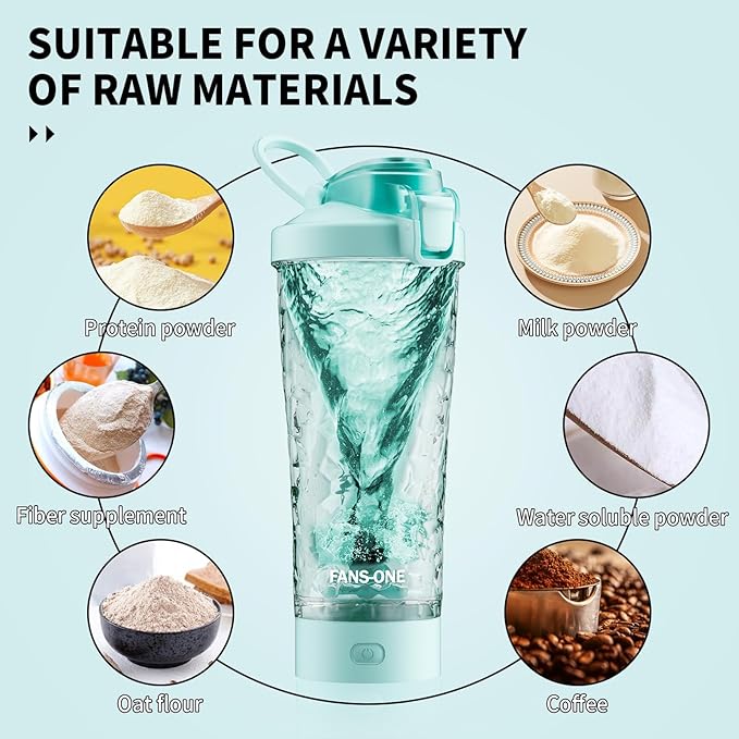 FANS-ONE Electric Shaker Bottle, 24oz Lockable Blender Cup Electric Protein Shaker Bottles, Tritan USB C Rechargeable Mixer, Portable Shaker Cups for Protein Shakes for Men Women, Water Blue