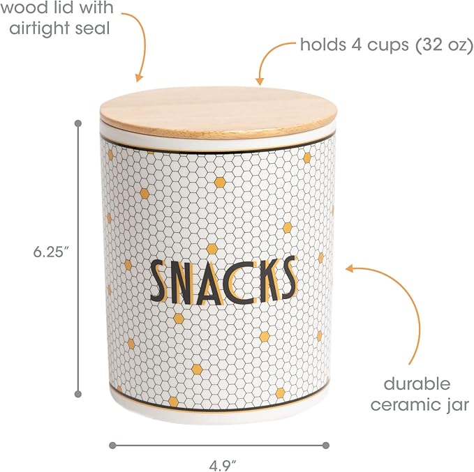Pearhead Ceramic Dog Treat Jar with Wooden Lid – Bistro Tile Dog Biscuit Container for Countertop, Airtight Stoneware Pet Treat Storage Canister for Puppy Treats & Training Rewards