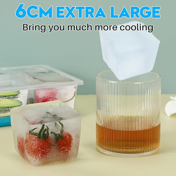 Ice Cube Trays 2 Pack, JRISBO Large Silicone Ice Cube Molds with Leak-Proof Lid, TPE Frame & Easy Release Bottom, Stackable Freezer Ice Trays for Whiskey, Cocktails, Soup, BPA Free (Blue)
