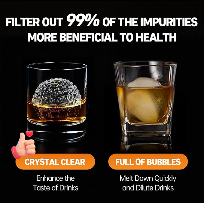 Clear Ice Cube Maker Tray – 2.3 Inch Large Diamond Ice Ball Mold, Stainless Steel & Silicone, Slow Melting Transparent Ice for Whiskey, Cocktails, and Home Bar Use