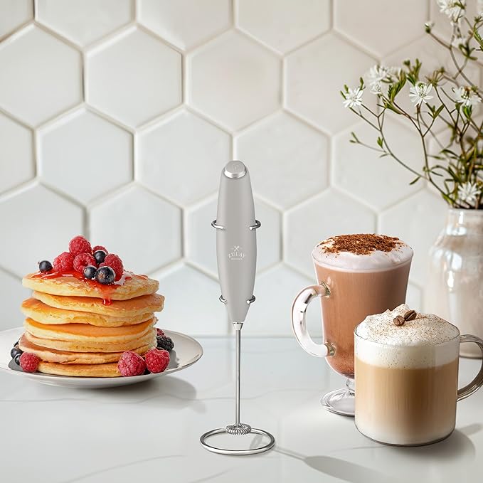 Zulay Kitchen Powerful Milk Frother Wand With 4 AA Duracell Batteries - Ultra Fast Handheld Drink Mixer - Electric Whisk Foam Maker for Coffee, Lattes, Cappuccino, Matcha & Creamer - Light Gray