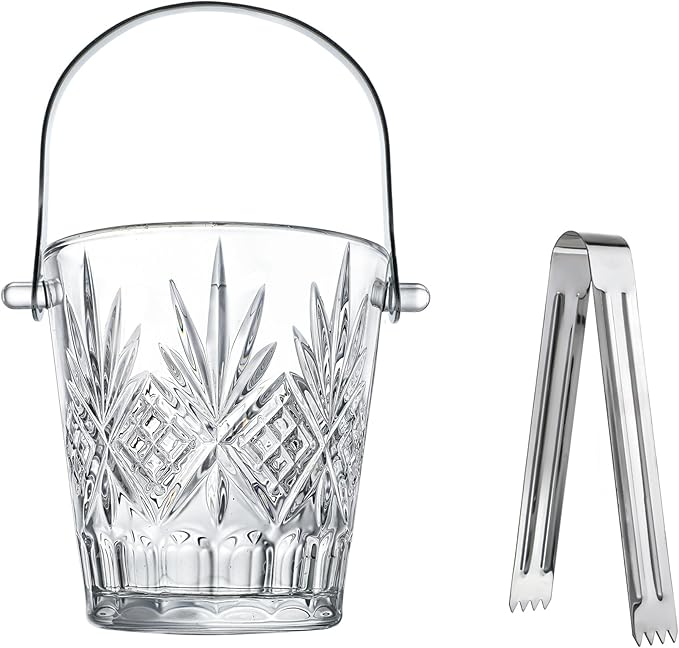 Clear Glass Ice Bucket with Ice Tong and Handle 33.8 oz Crystal Ice Cube Busket Cocktail Bar Champagne Bucket for Parties Wine Accessory