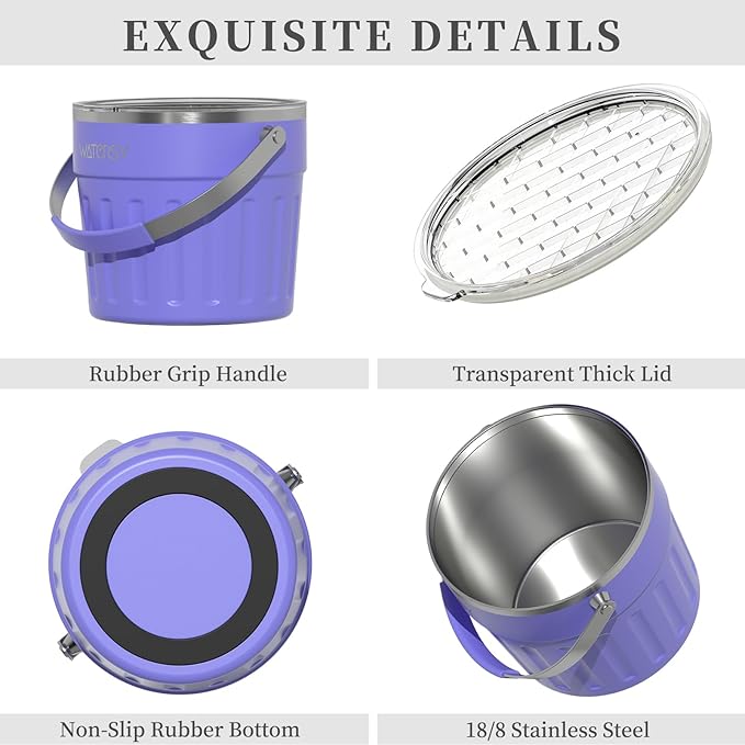 WATERSY Insulated Ice Bucket（8 Quart / 7.6 L） with Lid, Scoop, Ice Tong，Wall Vacuum Stainless Steel, Purple
