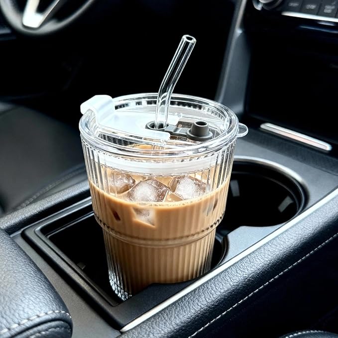 Ribbed Glass Tumbler with Lid and Straws, Resuable Ice Coffee Cups, To Go Iced Coffee Cups for Water, Smoothie, Matcha, Iced Tea Fruit Juice, Clear, 13oz, Set of 4