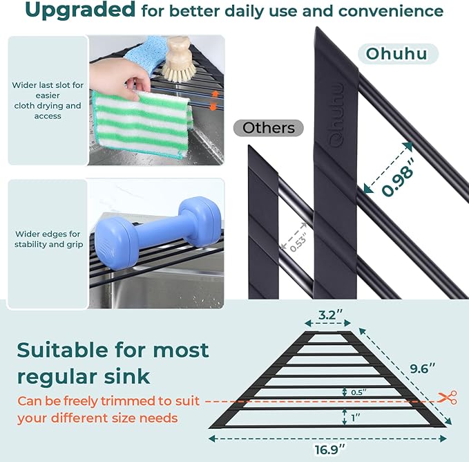 Corner Sink Caddy, Ohuhu Sponge Holder for Kitchen Sink Organizer Silicone Wrapped Steel Anti Slip Rust Triangle Over the Sink Dish Drying Rack for Sink Corner Multipurpose Drainer Trivet Space-Saving