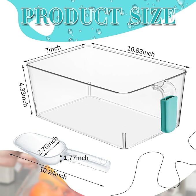 Havawish Ice Storage Bin and Flexible Scoop Set Plastic Freezer Bin with Pull out Handle Storage Bucket Clear for Container with Scoop(Blue,10.83 x 7 x 4.33 in,Classic)