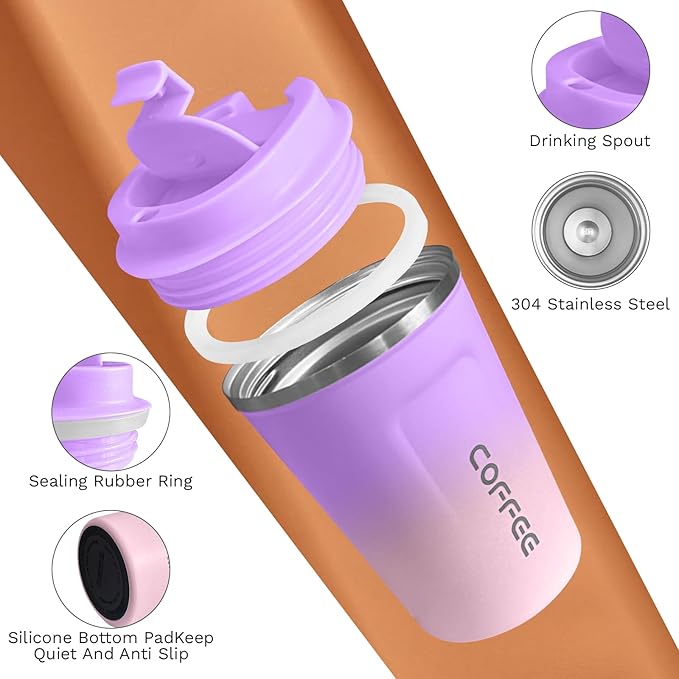 SPLMIFA Travel Coffee Mug Leak-Proof, Reusable Coffee Cups with Lid, Stainless Steel Vacuum Insulated Coffee Tumblers, Thermal Insulation Cup for Men and Women Hot & Cold Drinks(2nd-Purple Pink, 12OZ)