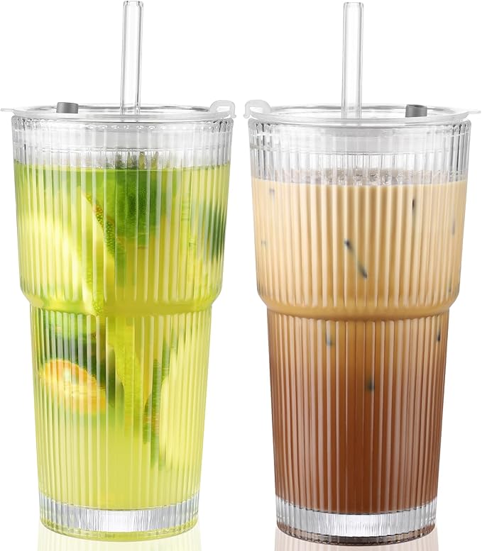 CWHHRN 20 Oz Glass Cups with Lid and Straw 2 Set, Glass Tumbler with Straw and Lid, Vintage Glassware for Whiskey Cocktail Beer, Iced Coffee Cups with Lid (2 PACK)