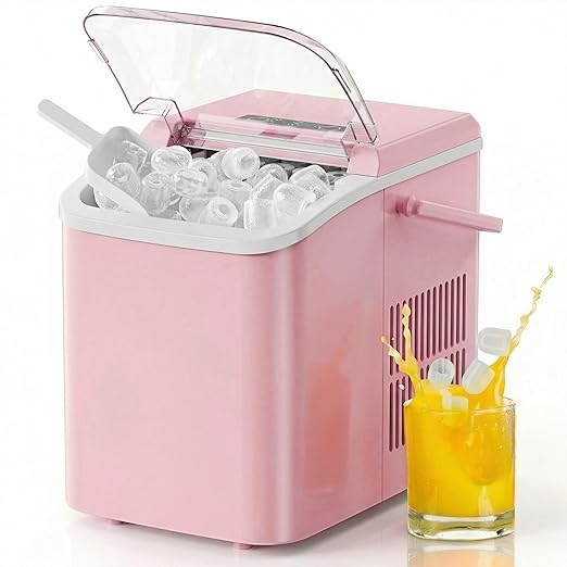 NEWBULIG Ice Makers Countertop with Handle, Portable Ice Machine, 9 Bullet Ice Cubes in 6 Mins, 26lbs in 24Hrs, Auto-Cleaning, with Basket and Scoop, for Home, Kitchen, RV, Camping,Pink