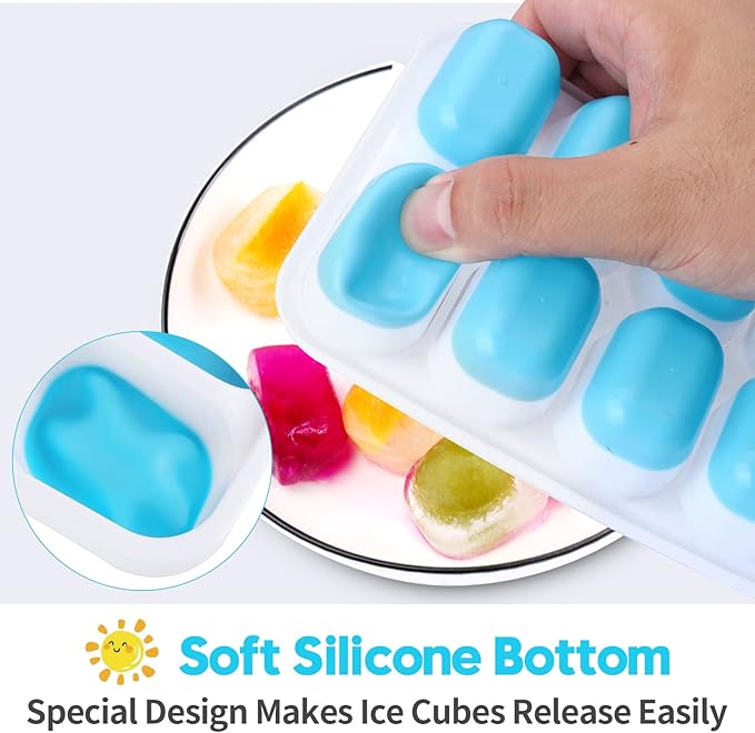 Silicone Ice Cube Tray, 4 Pack Easy-Release & Flexible 14-Ice Cube Trays with Spill-Resistant Removable Lid, Stackable Ice Trays with Covers for Freezer, Cocktail, Blue and Green