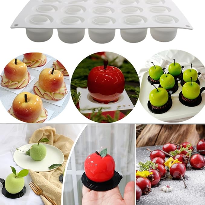 Apple Silicone Mold, 15-Cavity Shape Mousse Cake Molds, 3D Fruit Ice Cream Candy Molds, Non-Stick Sphere Silicone Molds for Chocolate French Fruit Cake Decoration