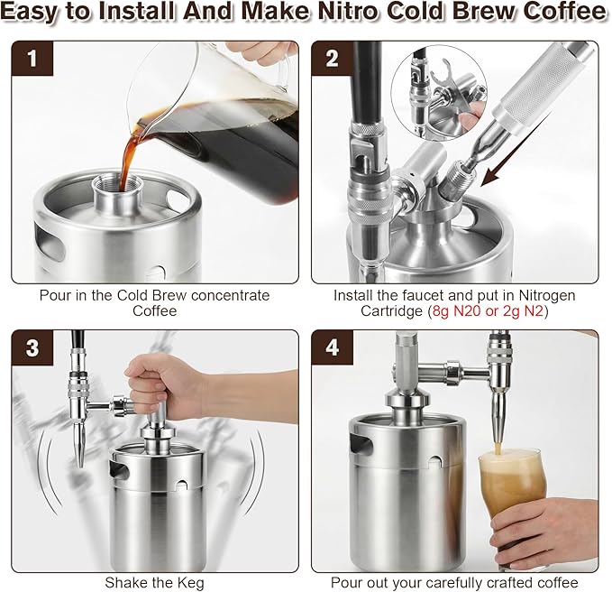 Nitro Cold Brew Coffee Maker, 64oz SS Mini Keg Cold Brew Maker, Nitro Coffee Machine System with Pressure Relief Valve & Stout Creamer Faucet Nitro Keg Coffee Growler for Homebrewing