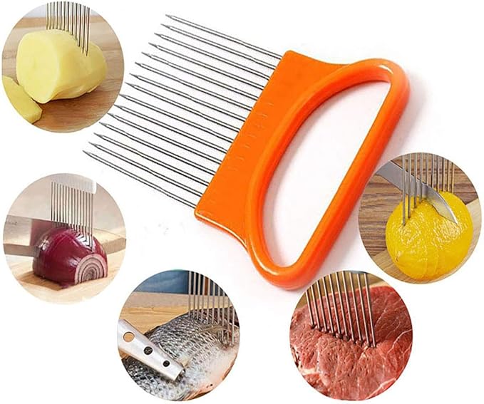 2Pcs Onion Holder Slicer, Stainless Steel Tomato Lemon Potato Vegetable Holder Slicer Cutter Tool for Kitchen Worker Slicing
